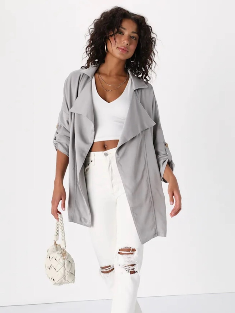 Lulu's Lucky Break Light Grey Oversized Jacket Size Xl